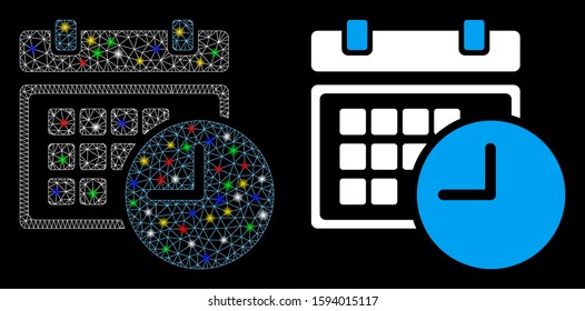 Glossy mesh date and time icon with glare effect. Abstract illuminated model of date and time. Shiny wire frame triangular mesh date and time icon. Vector abstraction on a black background.