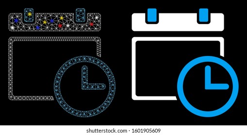 Glossy mesh date and time icon with glare effect. Abstract illuminated model of date and time. Shiny wire frame triangular mesh date and time icon. Vector abstraction on a black background.