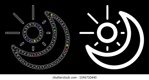 Glossy mesh day-night icon with lightspot effect. Abstract illuminated model of day-night. Shiny wire carcass polygonal mesh day-night icon. Vector abstraction on a black background.