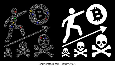 Glossy mesh deadly Bitcoin achievement icon with glitter effect. Abstract illuminated model of deadly Bitcoin achievement. Shiny wire frame polygonal mesh deadly Bitcoin achievement icon.