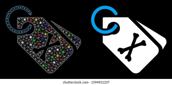 Glossy mesh death bones tags icon with glitter effect. Abstract illuminated model of death bones tags. Shiny wire frame triangular mesh death bones tags icon. Vector abstraction on a black background.
