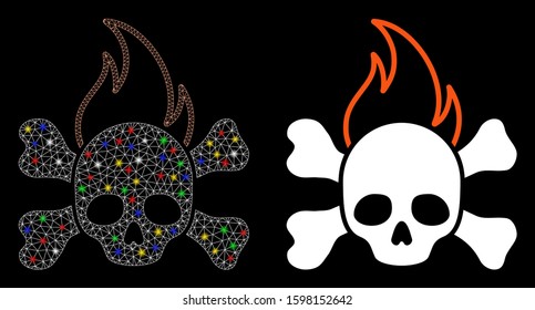 Glossy mesh death fire icon with lightspot effect. Abstract illuminated model of death fire. Shiny wire carcass triangular mesh death fire icon. Vector abstraction on a black background.