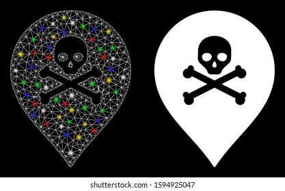 Glossy mesh death map marker icon with sparkle effect. Abstract illuminated model of death map marker. Shiny wire carcass polygonal mesh death map marker icon.