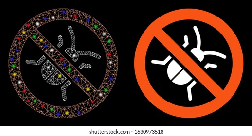 Glossy mesh debugger icon with glitter effect. Abstract illuminated model of debugger. Shiny wire carcass polygonal network debugger icon. Vector abstraction on a black background.