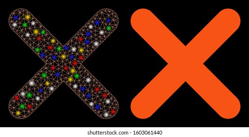 Glossy mesh delete icon with glitter effect. Abstract illuminated model of delete. Shiny wire carcass polygonal mesh delete icon. Vector abstraction on a black background.