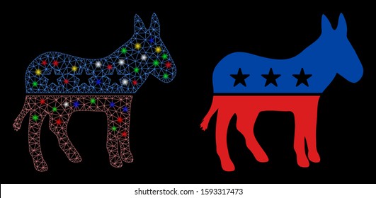 Glossy mesh democratic donkey icon with glare effect. Abstract illuminated model of democratic donkey. Shiny wire carcass triangular mesh democratic donkey icon.