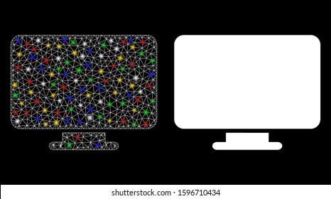 Glossy mesh desktop icon with lightspot effect. Abstract illuminated model of desktop. Shiny wire frame triangular mesh desktop icon. Vector abstraction on a black background.