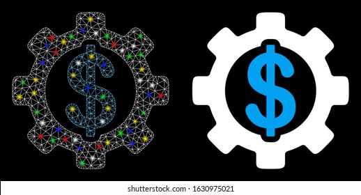 Glossy mesh development cost icon with glare effect. Abstract illuminated model of development cost. Shiny wire carcass triangular mesh development cost icon. Vector abstraction on a black background.