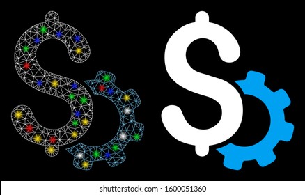 Glossy mesh development price icon with glitter effect. Abstract illuminated model of development price. Shiny wire frame triangular mesh development price icon.