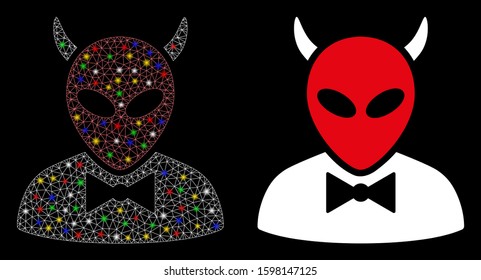 Glossy mesh devil icon with glitter effect. Abstract illuminated model of devil. Shiny wire carcass triangular mesh devil icon. Vector abstraction on a black background.
