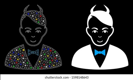 Glossy mesh devil icon with glitter effect. Abstract illuminated model of devil. Shiny wire frame triangular network devil icon. Vector abstraction on a black background.