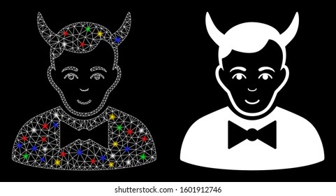 Glossy mesh devil icon with lightspot effect. Abstract illuminated model of devil. Shiny wire carcass polygonal mesh devil icon. Vector abstraction on a black background.