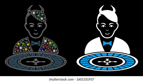 Glossy mesh devil roulette dealer icon with sparkle effect. Abstract illuminated model of devil roulette dealer. Shiny wire frame triangular mesh devil roulette dealer icon.