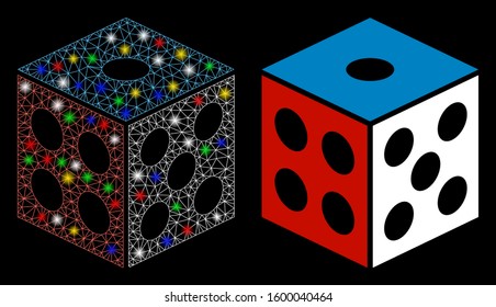 Glossy mesh dice icon with glare effect. Abstract illuminated model of dice. Shiny wire carcass polygonal mesh dice icon. Vector abstraction on a black background.