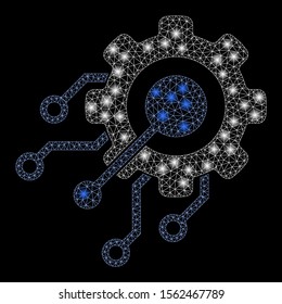 Glossy mesh digital integration gear with glare effect. Abstract illuminated model of digital integration gear icon. Shiny wire carcass polygonal mesh digital integration gear.