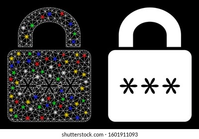 Glossy mesh digital lock icon with sparkle effect. Abstract illuminated model of digital lock. Shiny wire carcass triangular mesh digital lock icon. Vector abstraction on a black background.