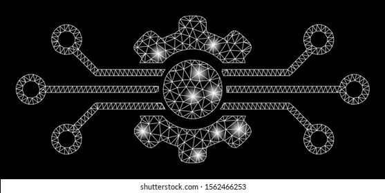 Glossy mesh digital tech with glare effect. Abstract illuminated model of digital tech icon. Shiny wire frame triangular mesh digital tech. Vector abstraction on a black background.