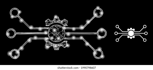 Tecnología digital de malla brillante con focos de luz. Red 2D de marco lineal generada con el cruce de líneas blancas e icono de tecnología digital. La malla blanca y el brillo encuadran la tecnología digital poligonal en un fondo negro.