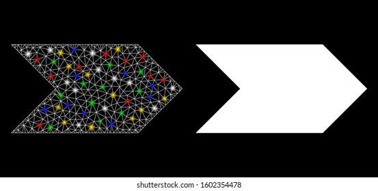 Glossy mesh direction arrow icon with glitter effect. Abstract illuminated model of direction arrow. Shiny wire frame polygonal mesh direction arrow icon. Vector abstraction on a black background.