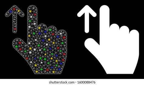 Glossy mesh direction icon with glitter effect. Abstract illuminated model of direction. Shiny wire frame polygonal mesh direction icon. Vector abstraction on a black background.