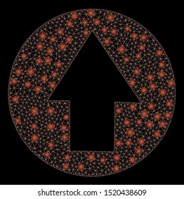Glossy mesh up direction with lightspot effect. Abstract illuminated model of up direction icon. Shiny wire carcass triangular mesh up direction. Vector abstraction on a black background.