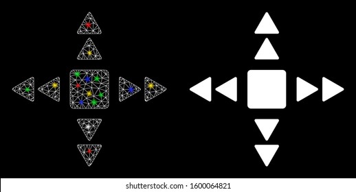 Glossy mesh direction triangles icon with lightspot effect. Abstract illuminated model of direction triangles. Shiny wire carcass polygonal mesh direction triangles icon.