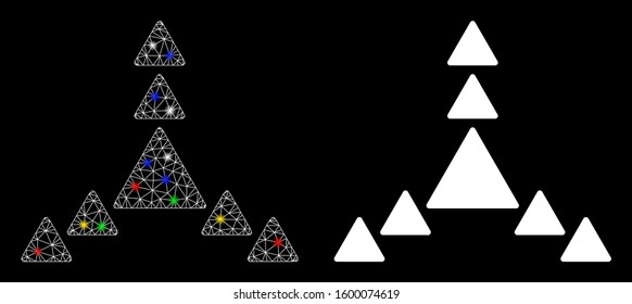 Glossy mesh direction triangles icon with glitter effect. Abstract illuminated model of direction triangles. Shiny wire carcass triangular mesh direction triangles icon.