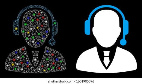 Glossy mesh dispatcher icon with lightspot effect. Abstract illuminated model of dispatcher. Shiny wire frame triangular mesh dispatcher icon. Vector abstraction on a black background.