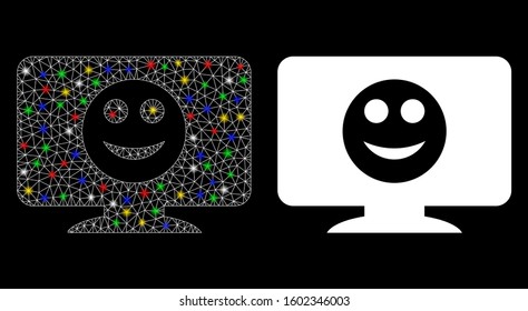 Glossy mesh display smile icon with glitter effect. Abstract illuminated model of display smile. Shiny wire frame polygonal mesh display smile icon. Vector abstraction on a black background.