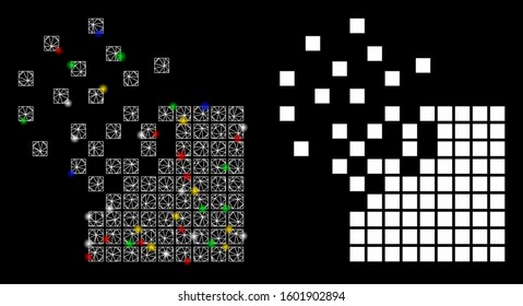 Glossy mesh dissolving pixel mosaic icon with glow effect. Abstract illuminated model of dissolving pixel mosaic. Shiny wire carcass triangular mesh dissolving pixel mosaic icon.