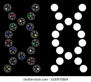 Glossy mesh DNA helix icon with glow effect. Abstract illuminated model of DNA helix. Shiny wire frame triangular mesh DNA helix icon. Vector abstraction on a black background.