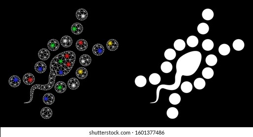 Glossy mesh DNA replication icon with glow effect. Abstract illuminated model of DNA replication. Shiny wire frame polygonal network DNA replication icon. Vector abstraction on a black background.
