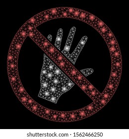 Glossy mesh do not touch with glitter effect. Abstract illuminated model of do not touch icon. Shiny wire frame polygonal mesh do not touch. Vector abstraction on a black background.