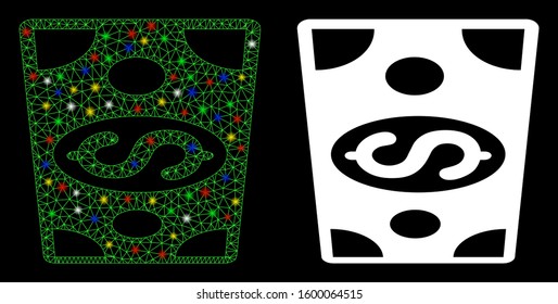 Glossy mesh dollar banknote icon with glare effect. Abstract illuminated model of dollar banknote. Shiny wire carcass triangular mesh dollar banknote icon. Vector abstraction on a black background.