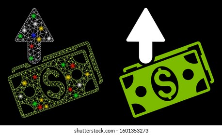 Glossy mesh dollar banknotes expences icon with lightspot effect. Abstract illuminated model of dollar banknotes expences. Shiny wire carcass triangular mesh dollar banknotes expences icon.