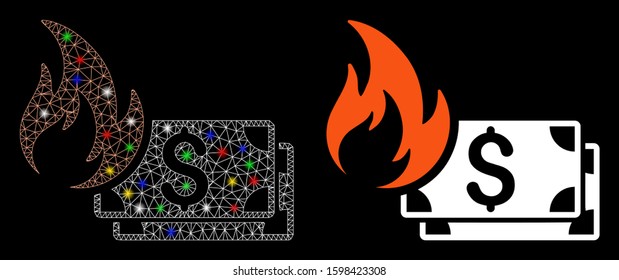 Glossy mesh dollar banknotes fire icon with glare effect. Abstract illuminated model of dollar banknotes fire. Shiny wire carcass polygonal mesh dollar banknotes fire icon.