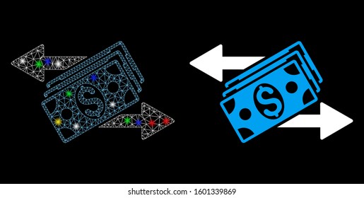 Glossy mesh dollar banknotes payments icon with glow effect. Abstract illuminated model of dollar banknotes payments. Shiny wire carcass polygonal mesh dollar banknotes payments icon.