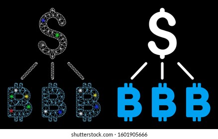 Glossy mesh dollar Bitcoin links icon with glare effect. Abstract illuminated model of dollar Bitcoin links. Shiny wire frame triangular mesh dollar Bitcoin links icon.