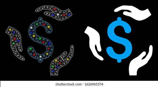 Glossy mesh dollar care hands icon with glitter effect. Abstract illuminated model of dollar care hands. Shiny wire carcass triangular mesh dollar care hands icon.