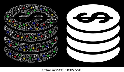 Glossy mesh dollar coin column icon with glare effect. Abstract illuminated model of dollar coin column. Shiny wire carcass polygonal mesh dollar coin column icon.
