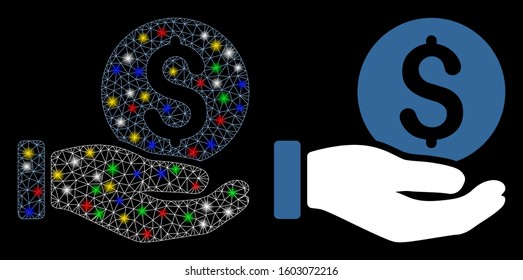 Glossy mesh dollar coin payment hand icon with glow effect. Abstract illuminated model of dollar coin payment hand. Shiny wire frame triangular mesh dollar coin payment hand icon.