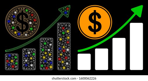 Glossy mesh dollar growth chart icon with glow effect. Abstract illuminated model of dollar growth chart. Shiny wire frame polygonal mesh dollar growth chart icon.
