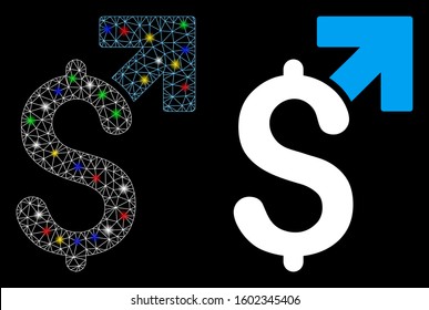 Glossy mesh dollar growth icon with glitter effect. Abstract illuminated model of dollar growth. Shiny wire frame polygonal mesh dollar growth icon. Vector abstraction on a black background.