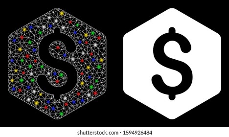 Glossy mesh dollar hexagon icon with lightspot effect. Abstract illuminated model of dollar hexagon. Shiny wire frame polygonal mesh dollar hexagon icon. Vector abstraction on a black background.