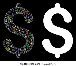 Glossy mesh dollar icon with sparkle effect. Abstract illuminated model of dollar. Shiny wire frame triangular mesh dollar icon. Vector abstraction on a black background.