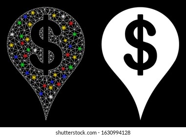 Glossy mesh dollar map marker icon with glare effect. Abstract illuminated model of dollar map marker. Shiny wire frame triangular network dollar map marker icon.