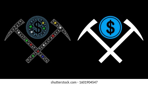 Glossy mesh dollar mining hammers icon with glare effect. Abstract illuminated model of dollar mining hammers. Shiny wire frame triangular network dollar mining hammers icon.