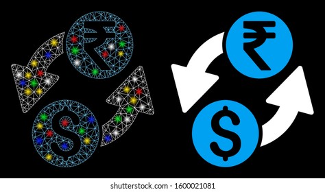 Glossy mesh dollar rupee exchange icon with glow effect. Abstract illuminated model of dollar rupee exchange. Shiny wire carcass polygonal mesh dollar rupee exchange icon.