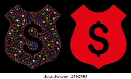 Glossy mesh dollar shield icon with glow effect. Abstract illuminated model of dollar shield. Shiny wire frame polygonal mesh dollar shield icon. Vector abstraction on a black background.