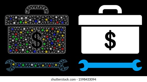 Glossy mesh dollar toolbox icon with glare effect. Abstract illuminated model of dollar toolbox. Shiny wire frame triangular mesh dollar toolbox icon. Vector abstraction on a black background.